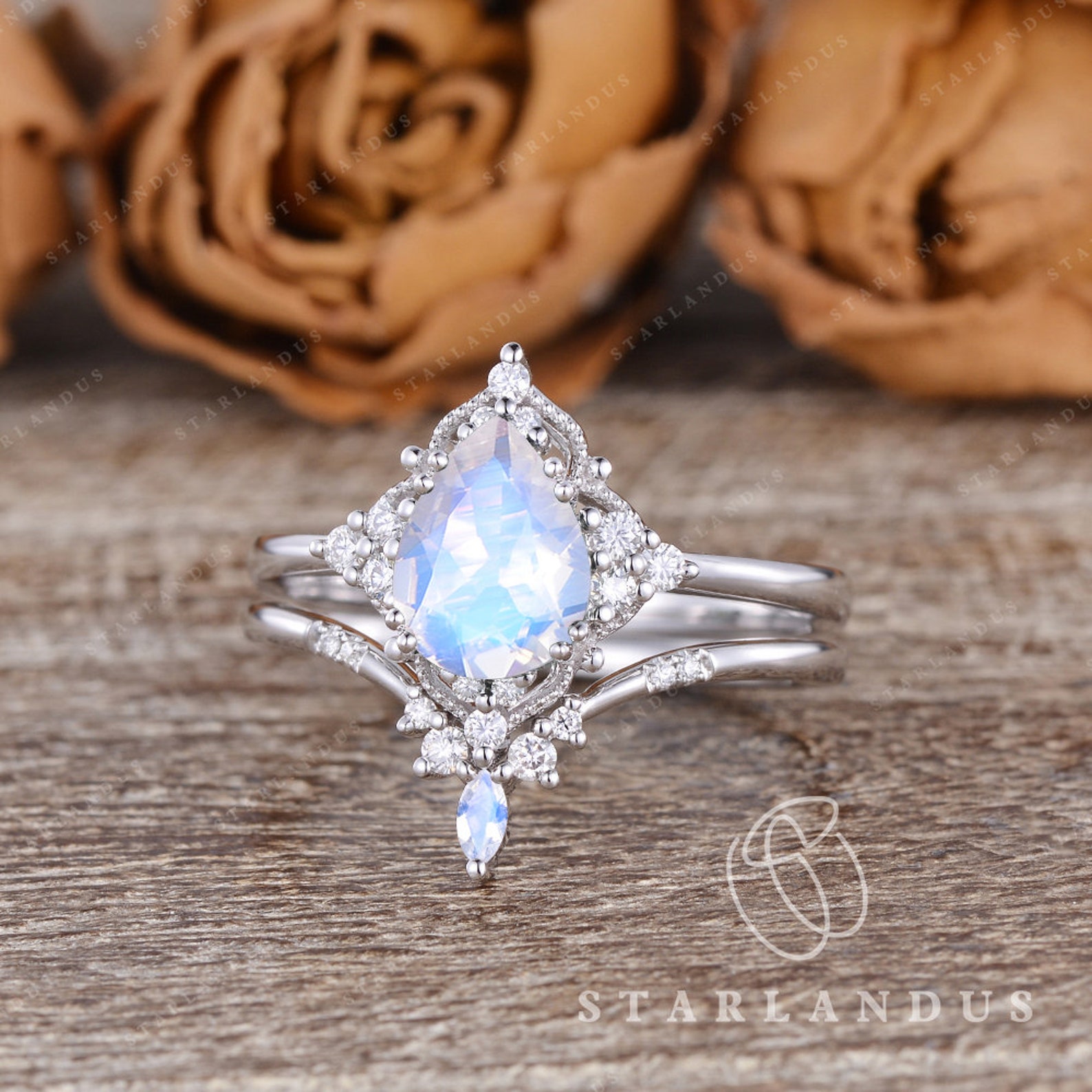 Vintage Moonstone Engagement Ring Set 14K White Gold Pear Shaped