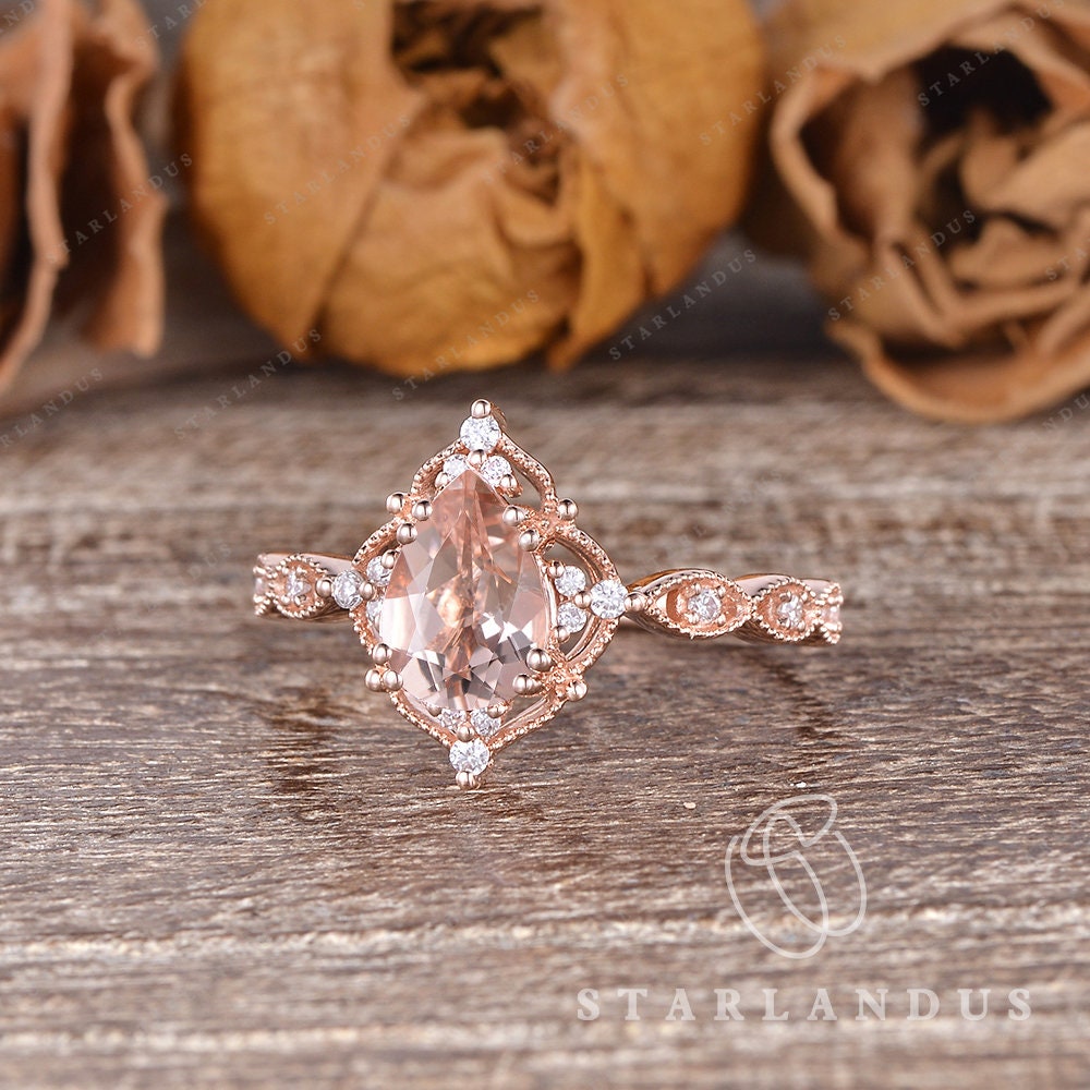Vintage Pear Shaped Morganite Engagement Ring Rose Gold Diamond Wedding ...