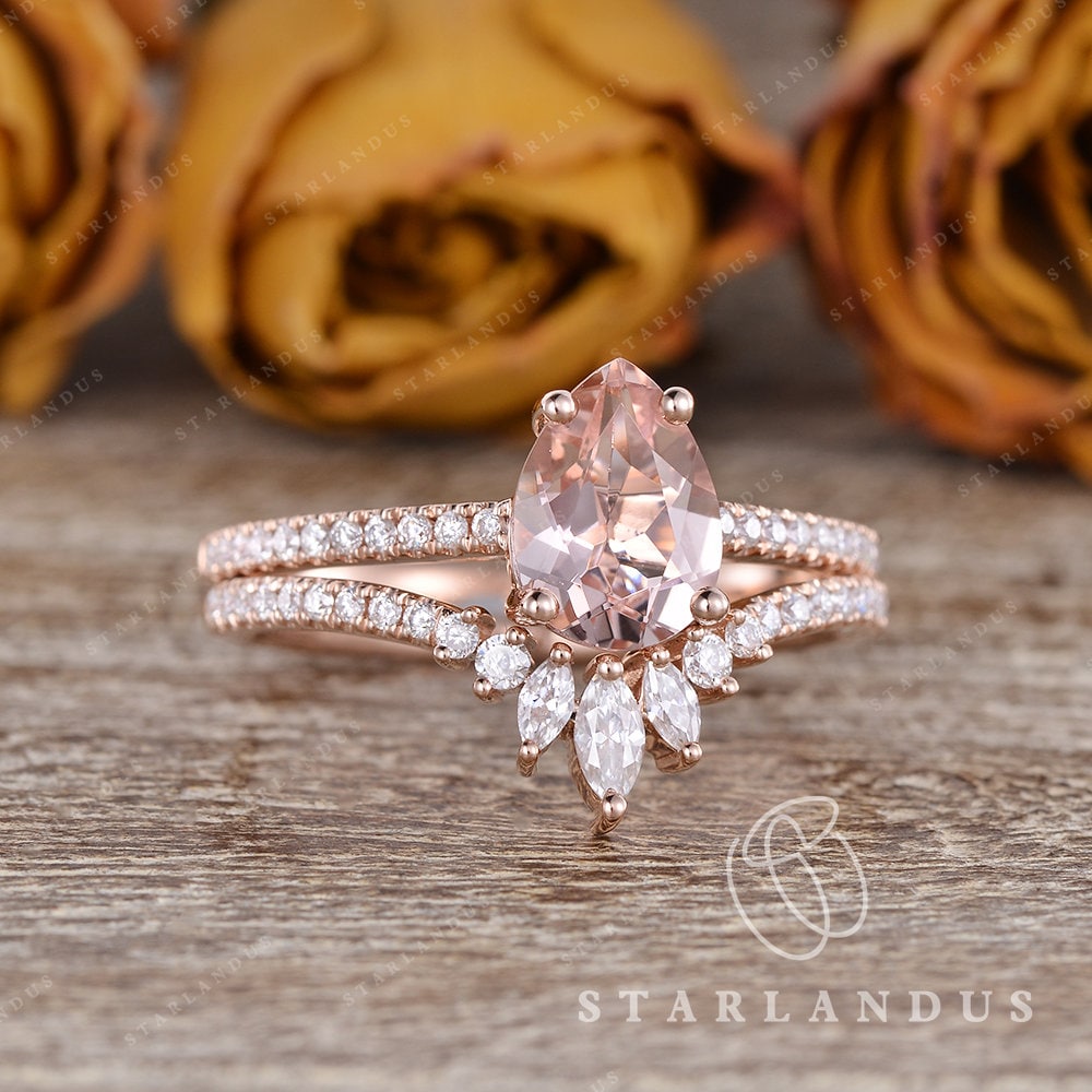 Rose Gold Diamond Bridal Ring Set Unique Morganite Bridal Ring Set