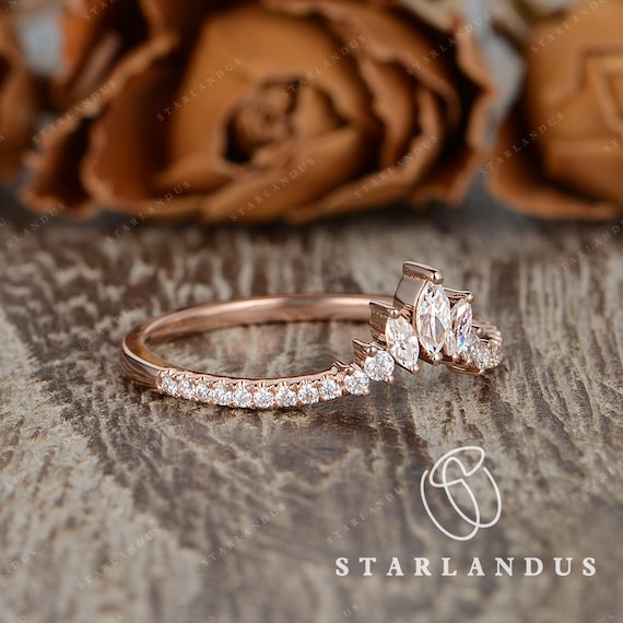 Custom Curved Matching Band Marquise Moissanite Wedding Band Antique Cluster Ring Guard Rose Gold Chevron Band Ring Enhancer Women Gift