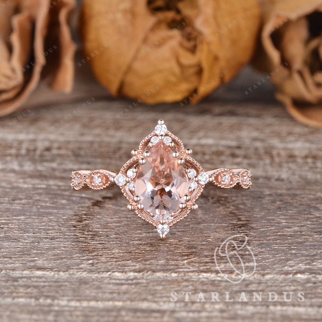 Vintage Pear Shaped Morganite Engagement Ring Rose Gold Diamond