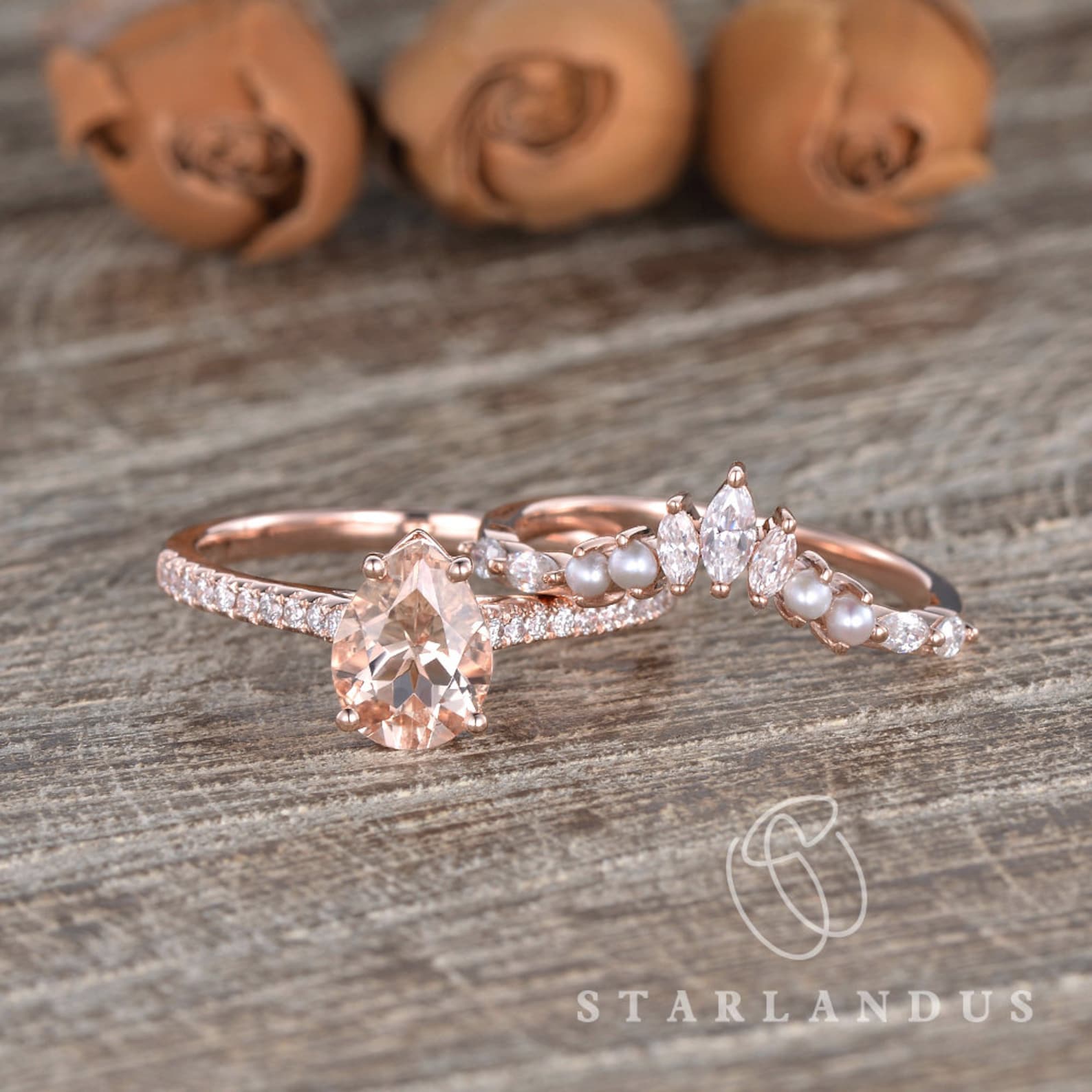 Pear Shaped Morganite Bridal Set 2pcs Rose Gold Engagement - Etsy Pear Shaped Morganite Bridal Set 2pcs Rose Gold Engagement - Etsy