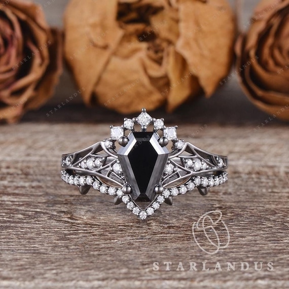 Unique Vampire Goth Coffin Shaped Black Moissanite Engagement Ring - Main Image