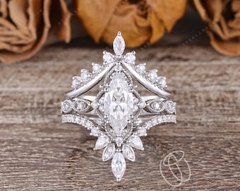 Unique Marquise Shape Moissanite Engagement Ring Set Rose Gold Moissanite  Cluster Wedding Ring Cage Ring Vintage Bridal Set Rings For Women