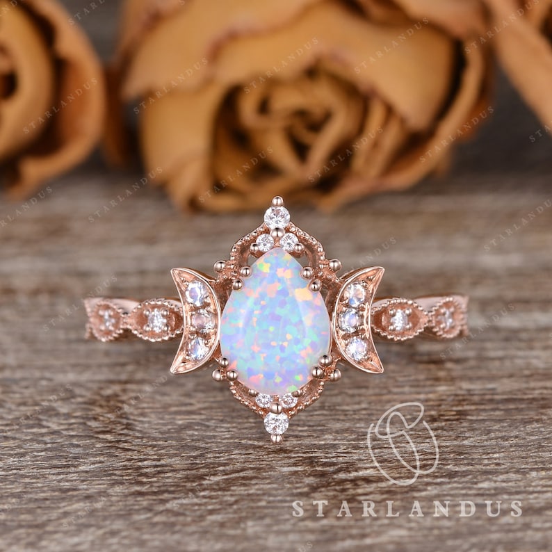 Art Deco Lab White Opal Moonstone Engagement Ring Milgrain Halo Pear Shaped Engagement Ring Antique Wedding Ring Moonstone Moon Crescent image 10