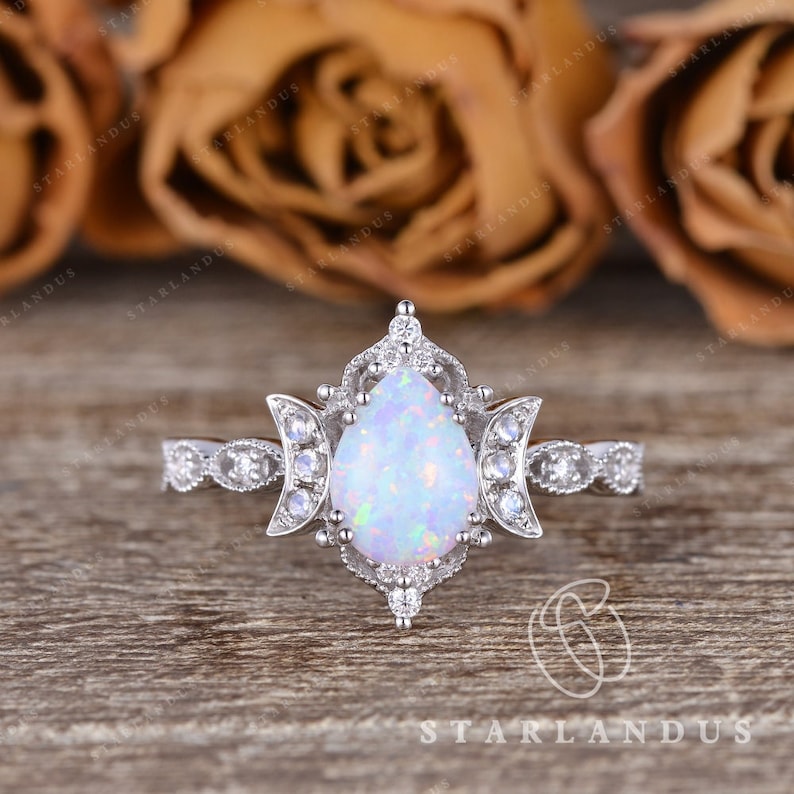 Art Deco Lab White Opal Moonstone Engagement Ring Milgrain Halo Pear Shaped Engagement Ring Antique Wedding Ring Moonstone Moon Crescent image 1