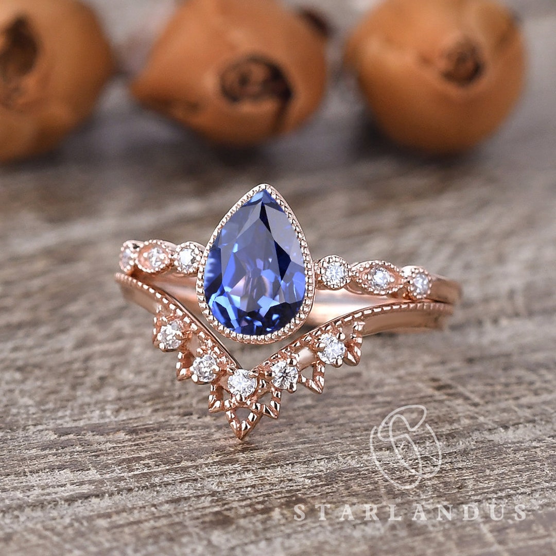 Cornflower Sapphire Ring Set 2pcs Art Deco Pear Shaped Bridal - Etsy