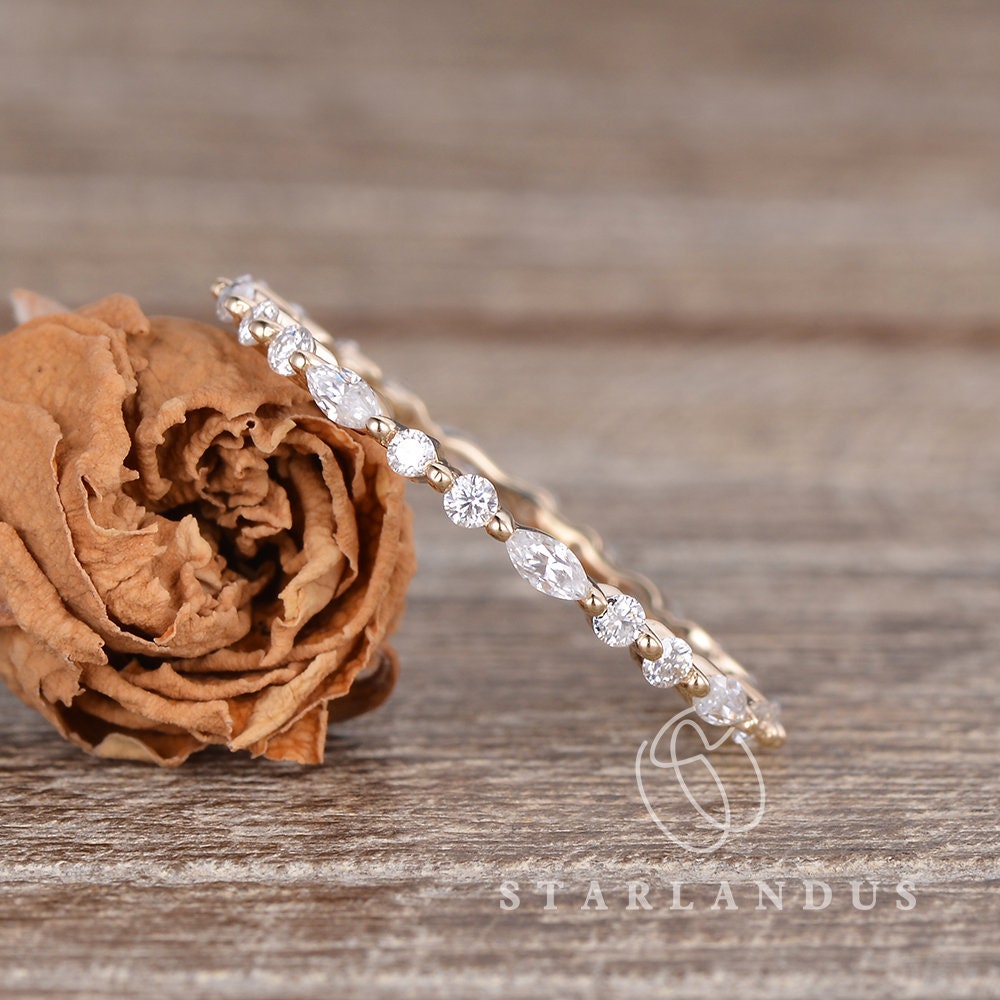 Marquise Moissanite Wedding Band Yellow Gold Eternity Band Art Deco Ring Women Promise Anniversary Gift For Her Mini Stacking Dainty Unique