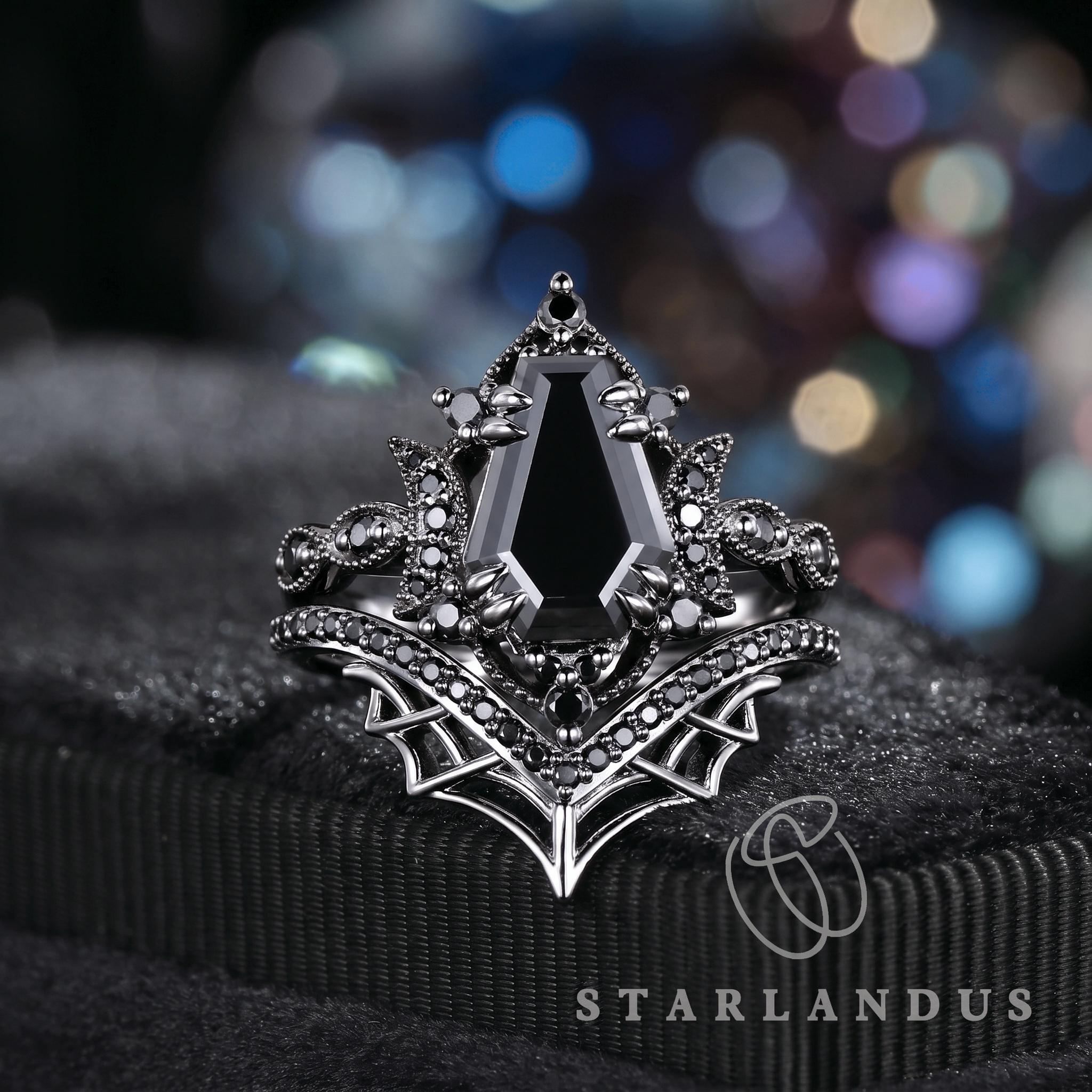 Coffin Black Moissanite Engagement Ring Set White Gold Ring
