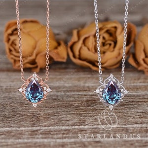 Flower Alexandrite Necklace Silver Necklace Vintage Boho Pear Shaped Alexandrite Pendant Antique Vine Solid 14K Rose Gold Art Deco Jewelry