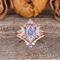 Unique Firework Cut Alexandrite Engagement Ring Rose Gold Moon Bridal Set Pear Shaped June Birthstone Wedding Ring Set Anniversary Gift