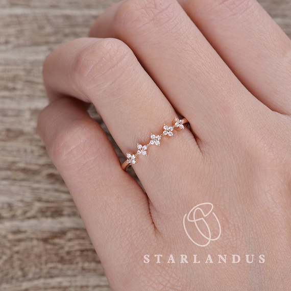 Vine Cluster Ring Yellow Gold Flower Wedding Band Stacking Floral Ring  Lucky Clover Ring Cluster Wedding Band Women Dainty Ring Snowflake