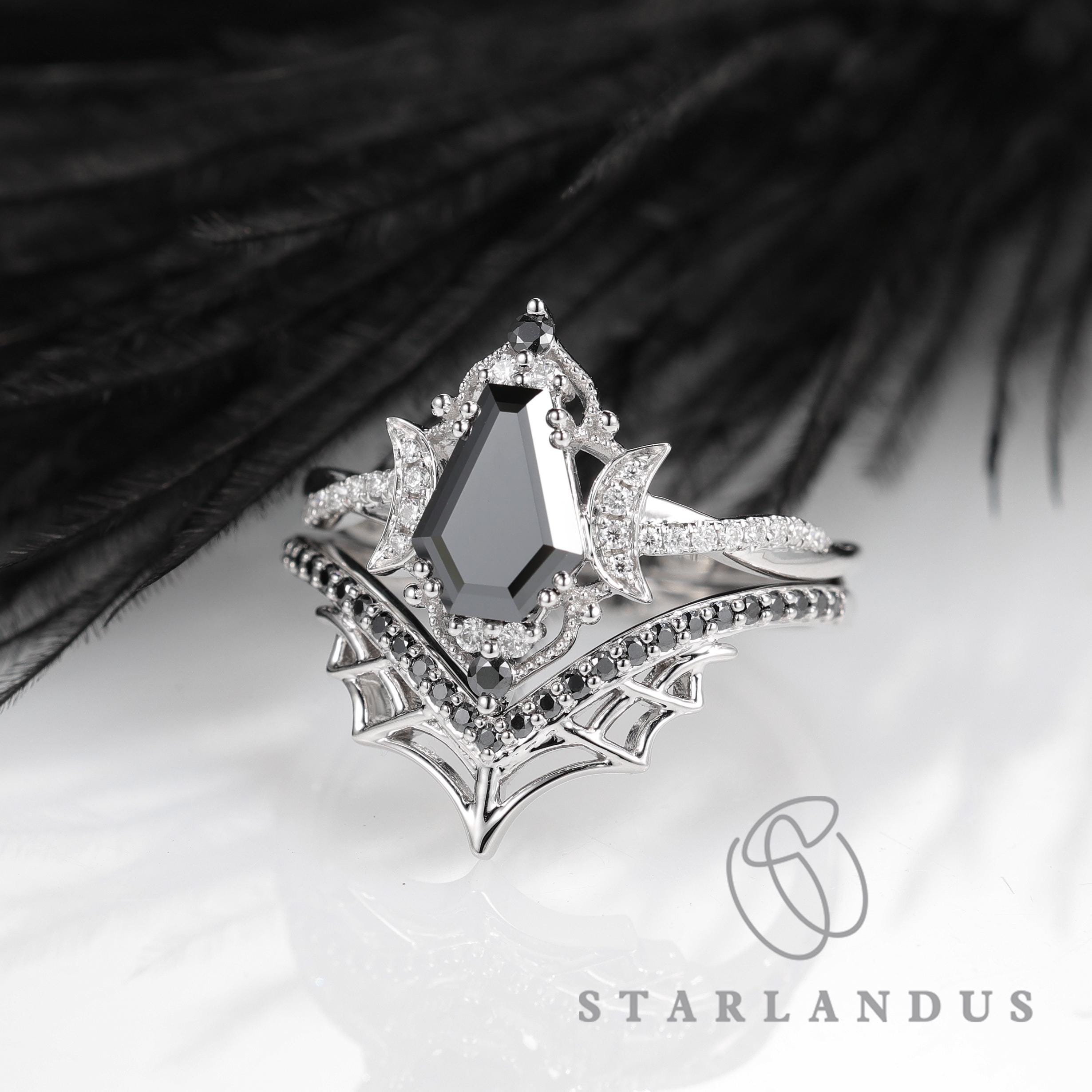 Unique Coffin Shape Black Moissanite Engagement Ring Set Twisted Ring Moon Web Ring Set Solid White Gold Spider Gothic Ring Witchy Ring