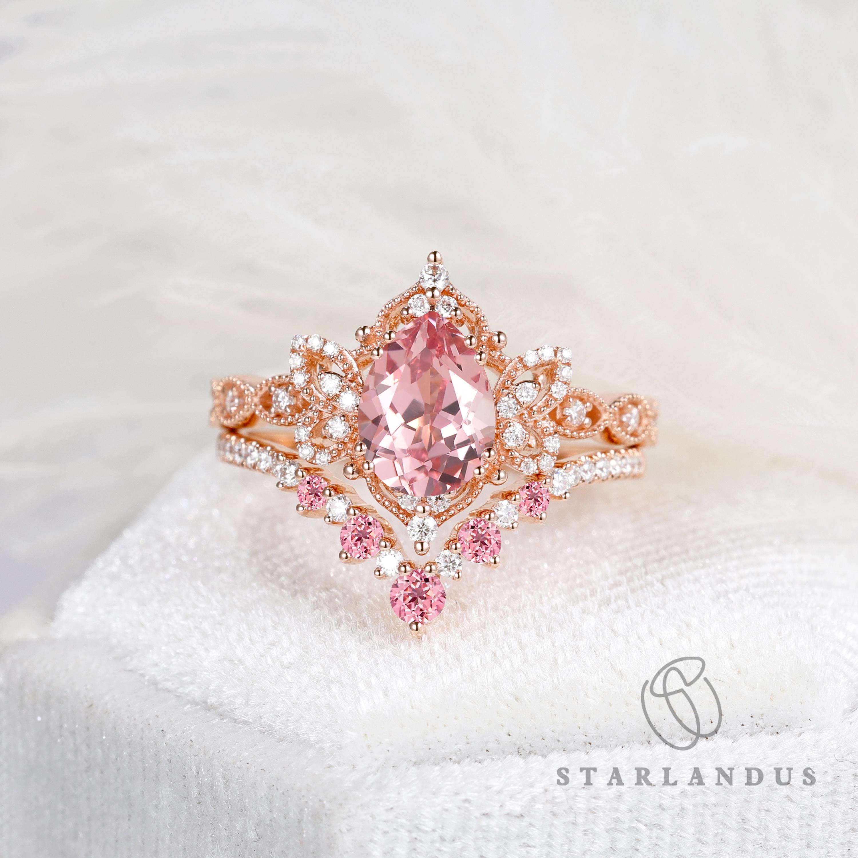 Fantasy Pear Shaped Padparadscha Engagement Ring Set White Gold Pink Sapphire Ring Fairy Butterfly Wedding Ring Set Unique Bridal Ring Set