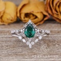 Pear Shaped Emerald Bridal Set 2pcs White Gold Vintage Inspired Engagement Ring Boho Tear Drop Vine Nature Inspired Marquise Band Art Deco