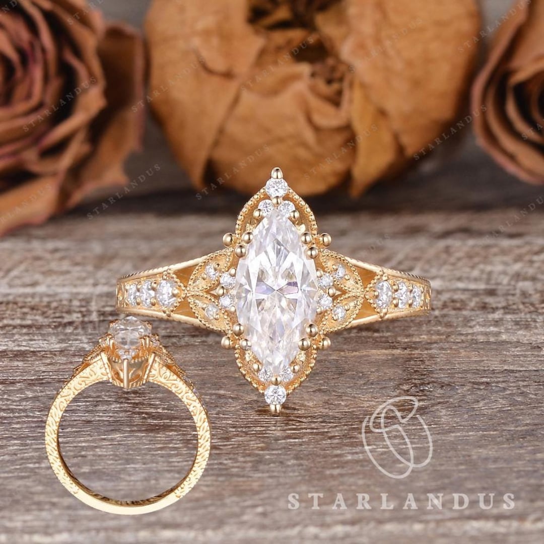Vintage Marquise Moissanite Engagement Ring Yellow Gold Wedding Ring ...