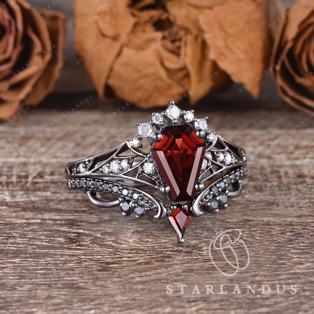 Goth Coffin Cut Garnet Engagement Ring Black Gold Ring Vinatge Bat ...