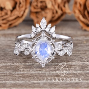 Crown Engagement Ring Set Unique Oval Moonstone Bridal Set White Gold Engagement Ring Art Deco Vine Cluster Wedding Band Women Petal Flower