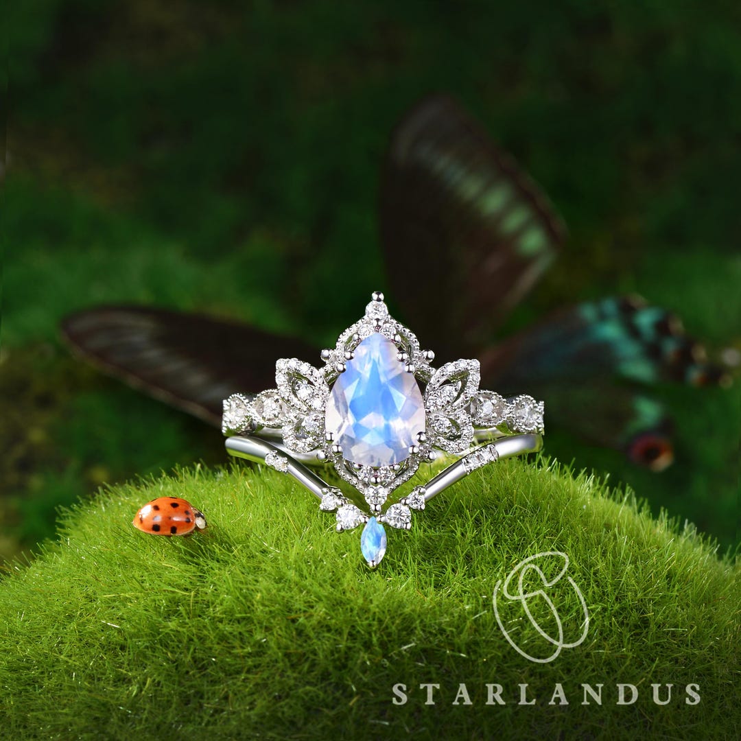 Fairy Moonstone Engagement Ring Pear Shaped Moonstone Bridal Set 2pcs fairy-moonstone-engagement-ring-pear-shaped-moonstone-bridal-set-2pcs