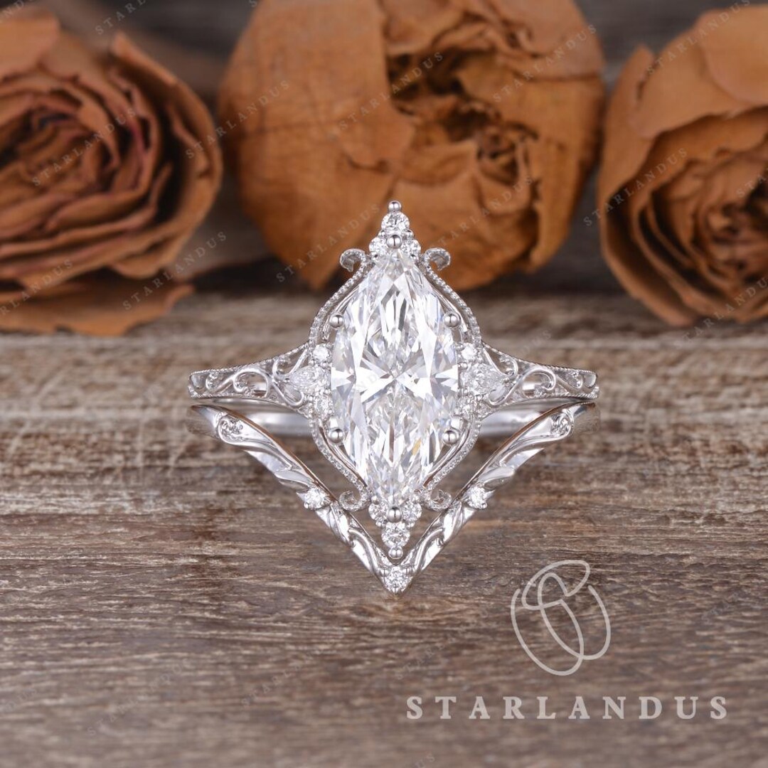 2ct Marquise Cut Lab Grown Diamond Engagement Ring Set White Gold ...