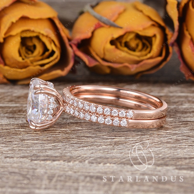 2ct Unique Hidden Halo Bridal Set Rose Gold Engagement Ring image 1