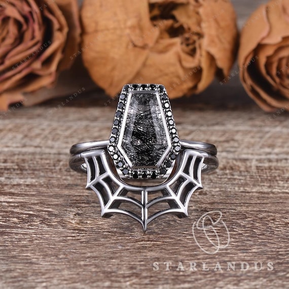 Gothic Coffin Cut Ring Black Rutilated Quartz Engagement Ring Set