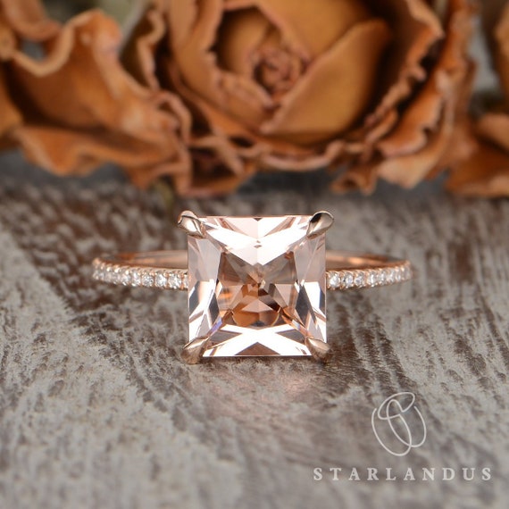 7mm Princess Cut Morganite & Lab Dia Wedding Bridal Ring Set 14k Rose Gold Over 