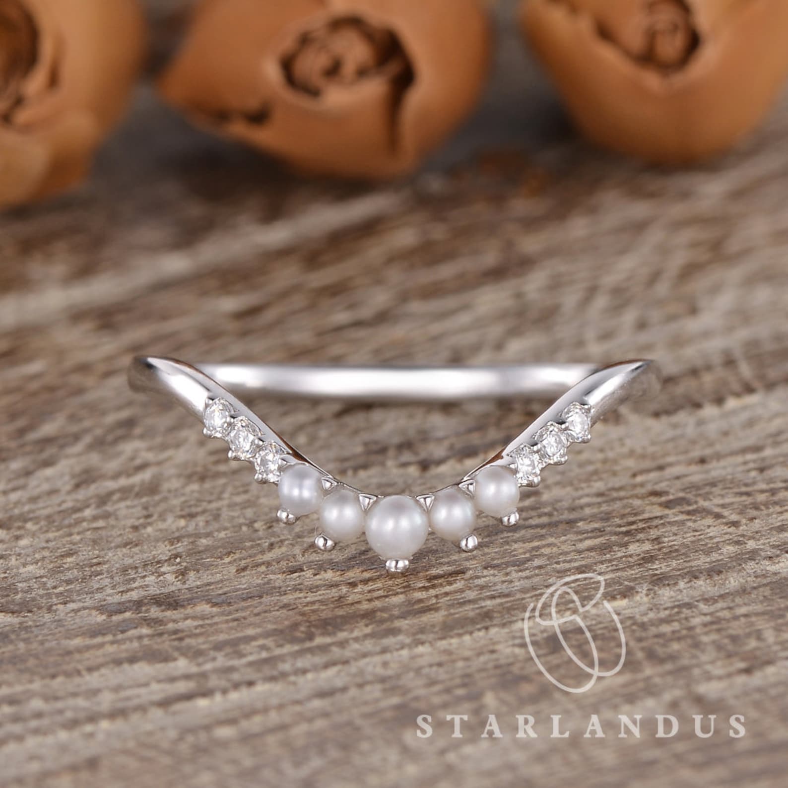 Custom Pearl Wedding Band Rose Gold Women Ring Curved Band Chevron Band ...