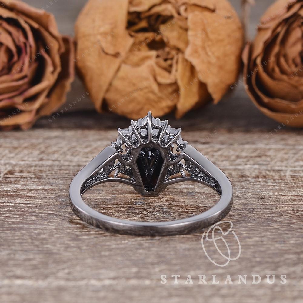 Unique Gothic Coffin Cut Black Moissanite Engagement Ring Black