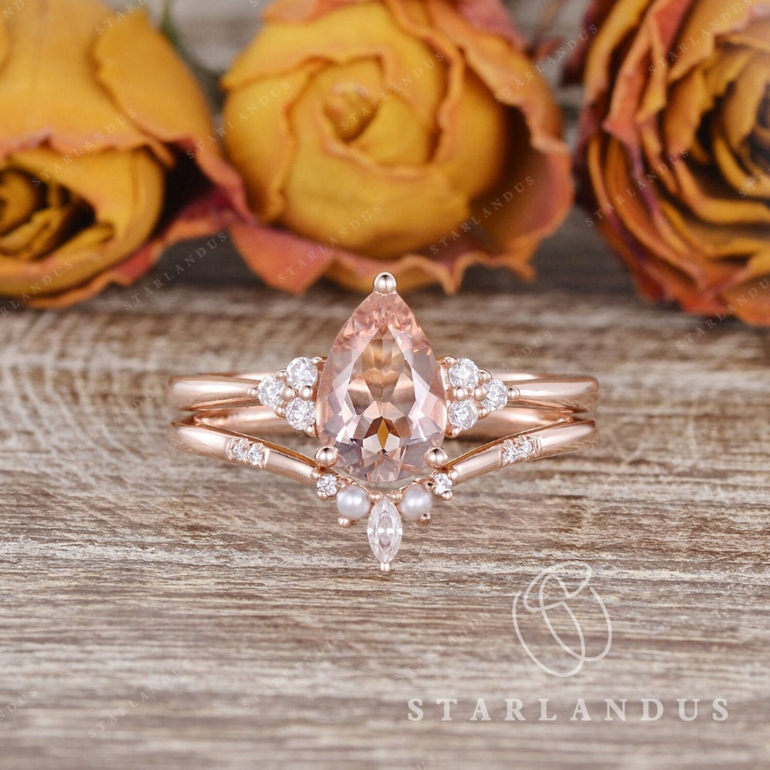 Pear Shaped Morganite Engagement Ring Rose Gold Bridal Set | Etsy