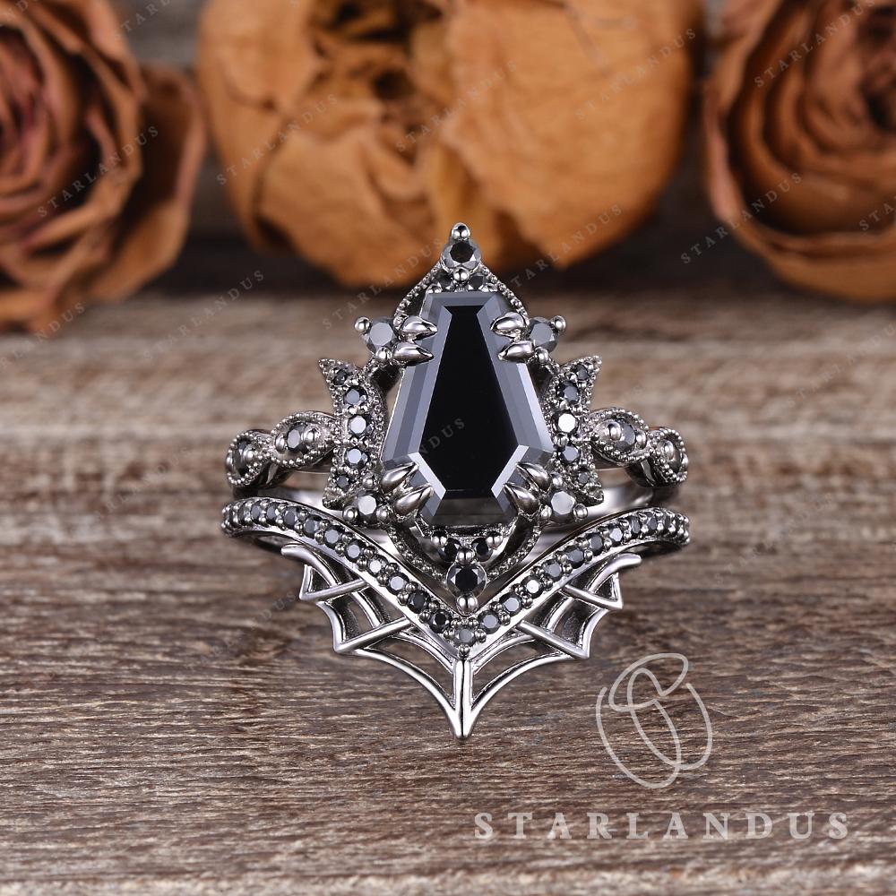 Coffin Black Moissanite Engagement Ring Set White Gold Ring