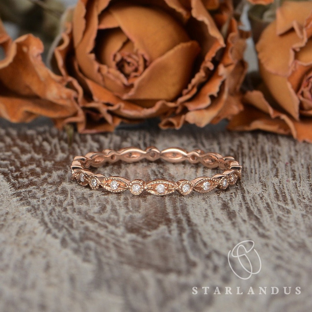 Art Deco Band Moissanite Wedding Band Rose Gold Ring Women Retro ...