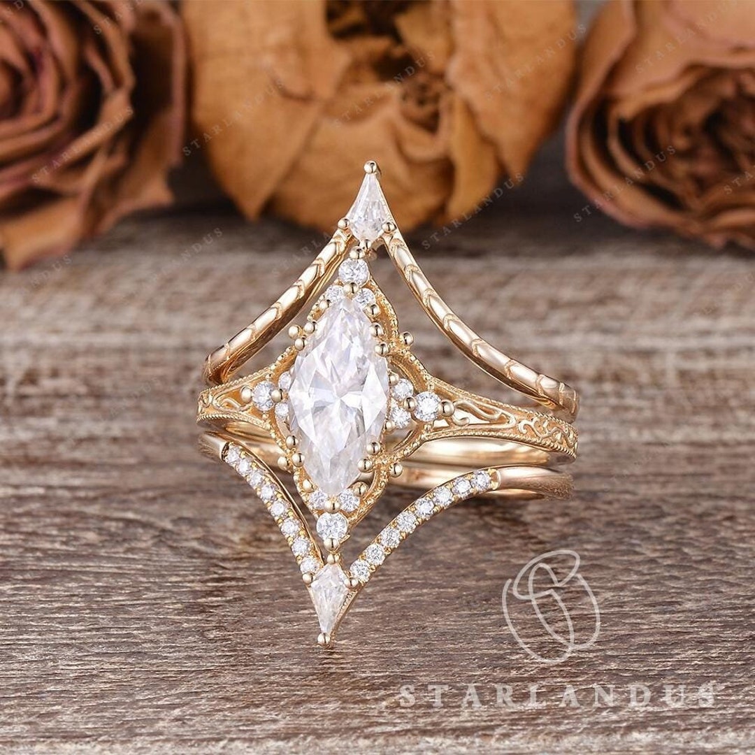 Vintage Marquise Cut Moissanite Engagement Ring Set 3pcs Yellow Gold ...