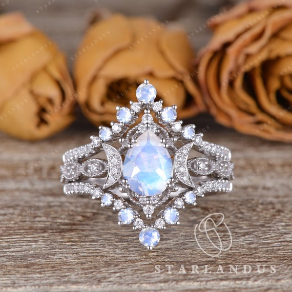 Alexandrite Bridal Set Cosmos White Gold Moon Engagement Ring - Natura –  Swank Metalsmithing