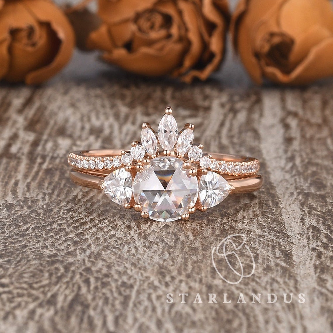 Unique Rose Gold Bridal Set 2pcs Engagement Ring Rose Cut image 1