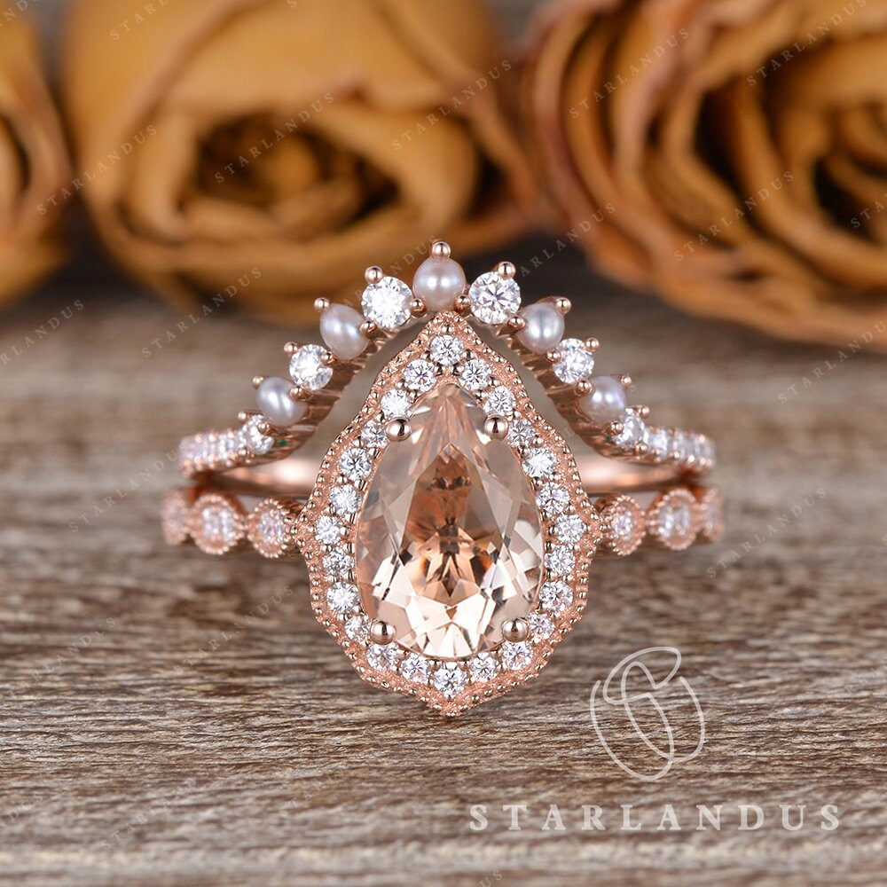 Pear Shaped Morganite Engagement Ring 2pcs Art Deco Rose Gold Bridal ...