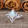 Opal moon Wedding Ring Unique White Opal Moonstone Engagement Ring Pear Shaped Bridal Set 2pcs Vine White Gold Wedding Ring Chevron Ring