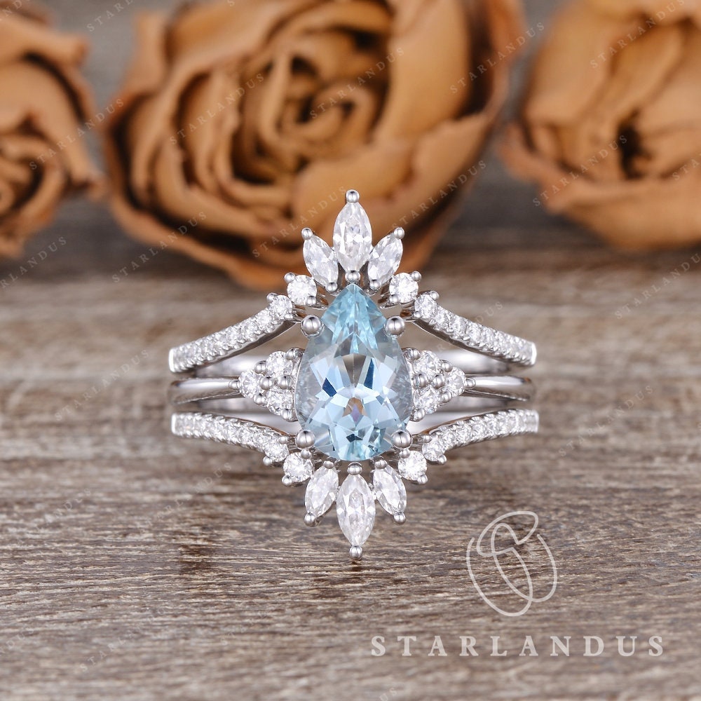 Natural Aquamarine Engagement Ring 3pcs Pear Shaped Engagement Natural Aquamarine Engagement Ring 3pcs Pear Shaped Engagement