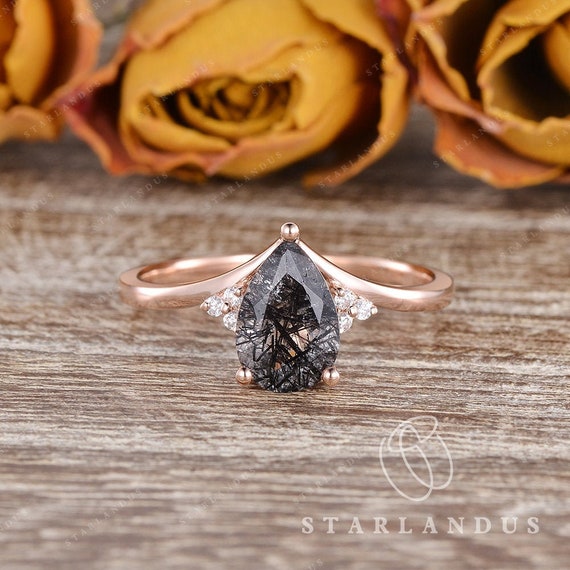 Pear Rose Gold Engagement Ring Pear Shaped Black Rutilated Quartz Ring Cluster Engagement Ring Elongated Pear Ring Minimalist Dress Ring