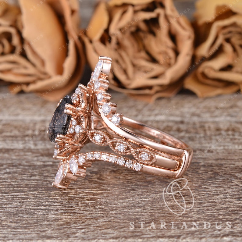 Vintage Salt and Pepper Crystal Bridal Set Pear Black Rutilated Quartz Engagement Ring Set Rose Gold Moissanite Ring Set Enhancer Ring image 5