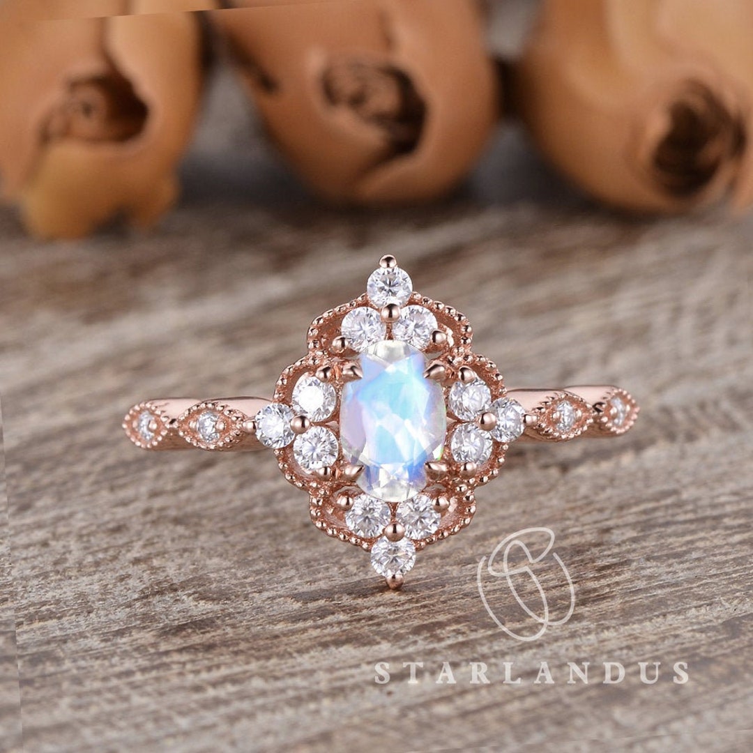 Art Deco Engagement Ring Rose Gold Moonstone Ring Oval Halo - Etsy