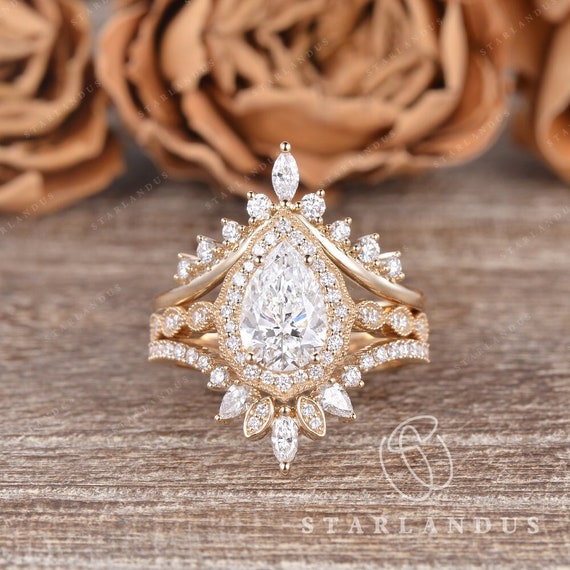 Pear Shaped 1.3ct Lab Grown Diamond Engagement Ring Set Rose Gold Milgrain  Cluster Ring Art Deco Wedding Vintage Style Unique Anniversary 