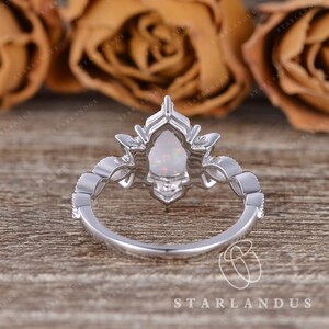 Art Deco Lab White Opal Moonstone Engagement Ring Milgrain Halo Pear Shaped Engagement Ring Antique Wedding Ring Moonstone Moon Crescent image 3