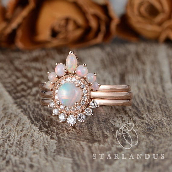 Opal Engagement Rings Marquise Opal Wedding Band Rose Gold Bridal