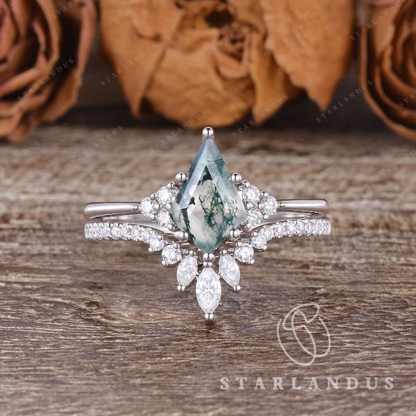 Vintage kite cut green moss agate engagement ring set 14k white gold marquise cut moissanite ring for women unique bridal wedding ring set
