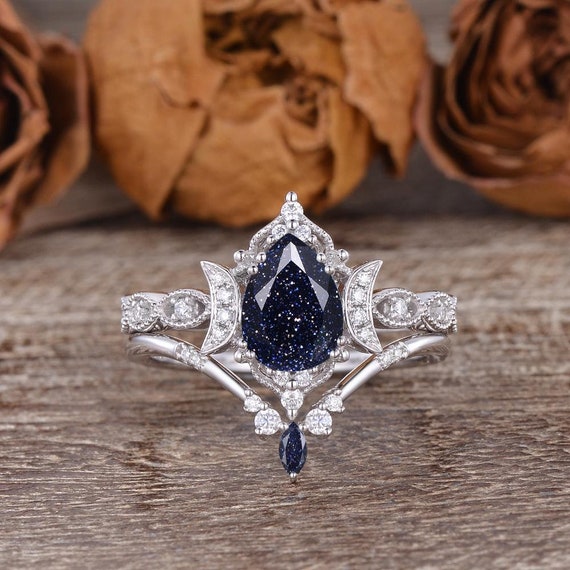 Unique Blue Sandstone Ring Set 2pcs Blue Goldstone Engagement Ring in  Silver Ring White Gold Engagement Ring Pear Shaped Vintage sandstone