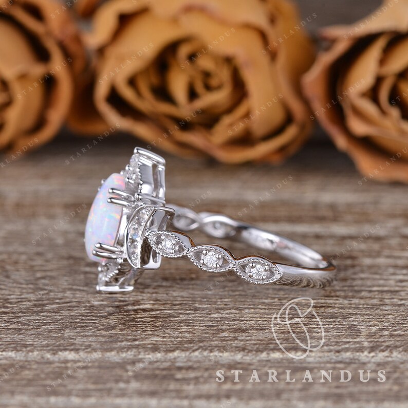 Art Deco Lab White Opal Moonstone Engagement Ring Milgrain Halo Pear Shaped Engagement Ring Antique Wedding Ring Moonstone Moon Crescent image 2