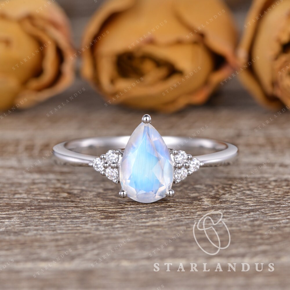 Pear Shaped Engagement Ring Cluster Ring Diamond 6x8mm Moonstone Ring Wedding Ring For Women Faceted Moonstone Anniversary June Her Gift
