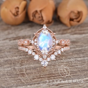 Unique Moonstone Bridal Set Rose Gold Engagement Ring Art Deco Wedding Band Rainbow Moonstone Ring Milgrain Vine Vintage Oval Antique 2pcs