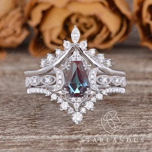 Coffin Shaped Lab Alexandrite Engagement Ring 3pcs White Gold Bridal Set One of a kind Vintage Engagement Ring Art Deco Antique Ring Moon